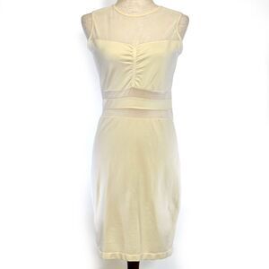 Poof Sz MED Cream Color Bodycon Dress Women's Mesh Insets at Waist & Neck